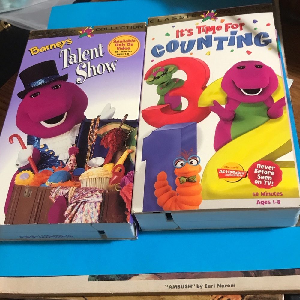Two retro Barney VHS tapes. Barney’s talent show and it’s time for counting.